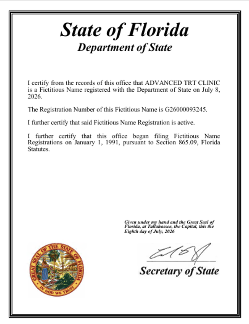 State of Florida Department of State DBA Certificate for Advanced TRT Clinic, Registration Number G26000093245
